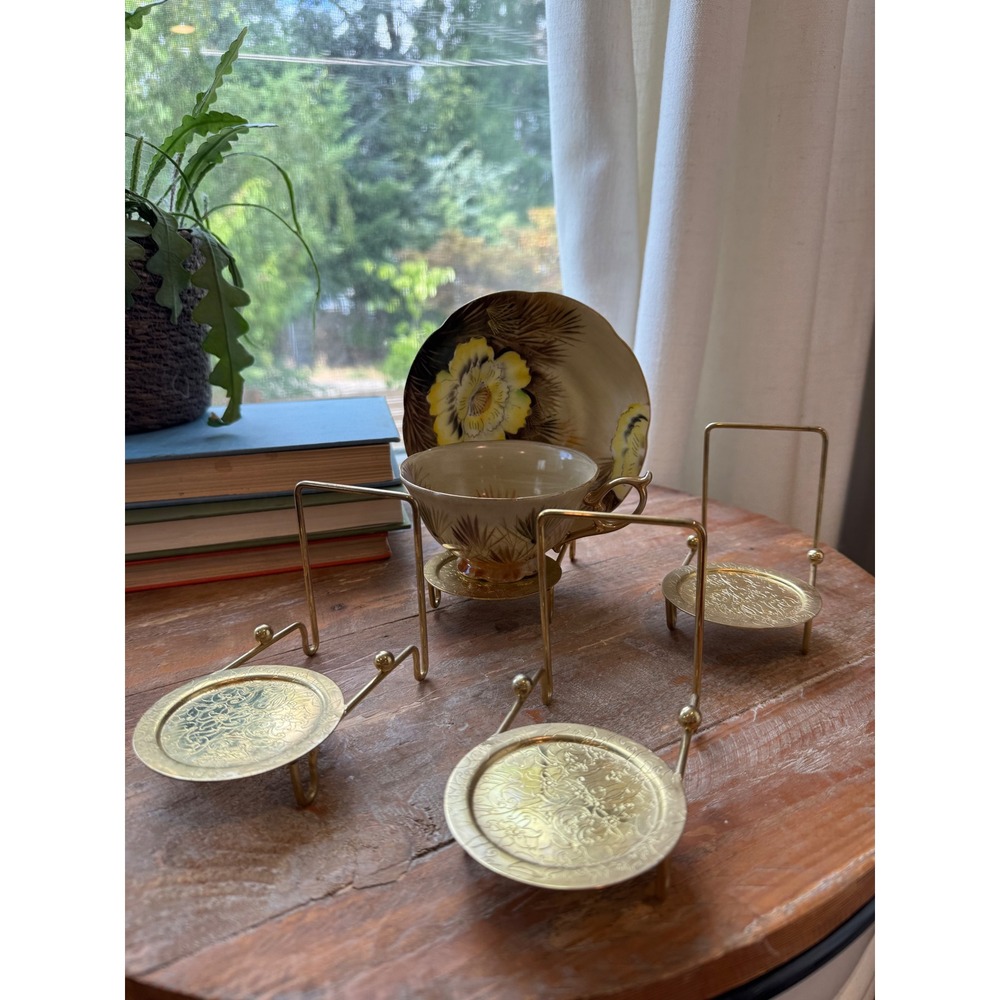 Vintage Brass Etched Cup and Saucer Display Stands Set of 4 Floral Gold Tone